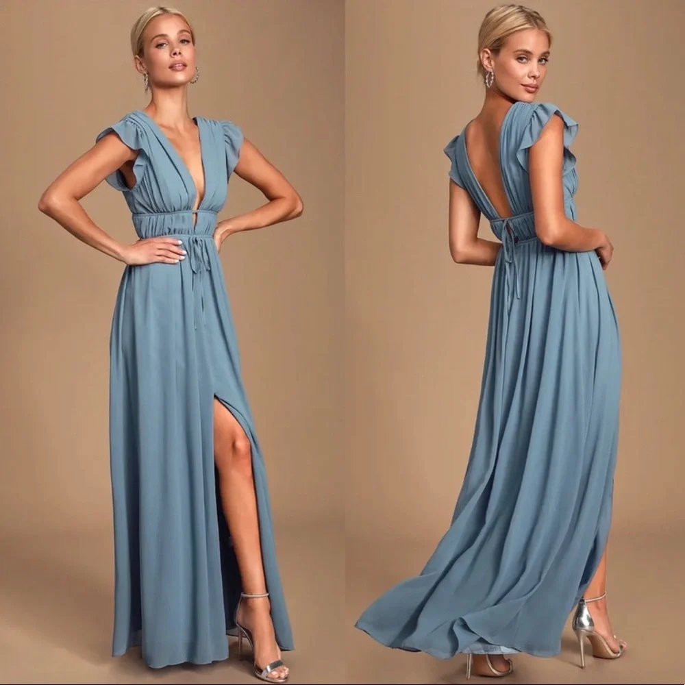 Lulu’s I'm All Yours Slate Blue Ruffled Maxi Dress Size Small - Picture 1 of 9